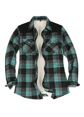 Front view of a women's western turquoise gray sherpa-lined flannel shirt jacket