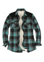 Front view of a women's western turquoise gray sherpa-lined flannel shirt jacket