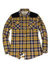 Front view of a women's western yellow blue sherpa-lined flannel shirt jacket