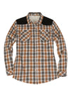 Front view of a women's western orange gray sherpa-lined flannel shirt jacket