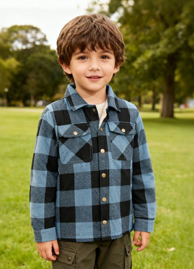 Flanell-Karojacke mit Sherpa-Futter und Druckknöpfen für Kleinkinder, Jungen und Mädchen