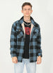 Front view of a boy wearing a blue black kids flannel shirt jacket 
