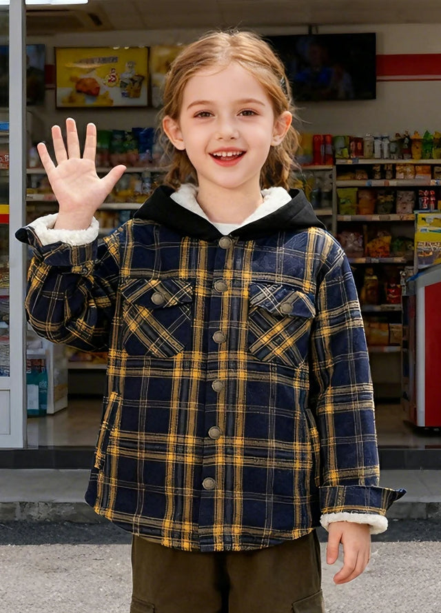 Kids Boys and Girls Fleece-Lined Snap Flannel Shirt,Hooded Plaid Jacket