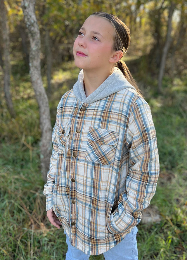 Kids Boys and Girls Fleece-Lined Snap Flannel Shirt,Hooded Plaid Jacket