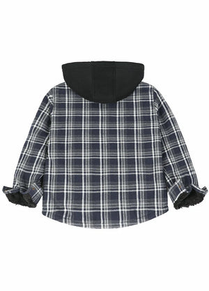 Back view of boy in a kids Navy White hooded flannel jacket-XR181NW-S,XR181NW-M,XR181NW-L,XR181NW-XL