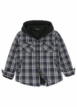 Front view of kids fleece-lined Navy White flannel jacket-XR181NW-S,XR181NW-M,XR181NW-L,XR181NW-XL