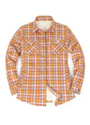 Front view of a women's snap sherpa lined orange plaid flannel jacket