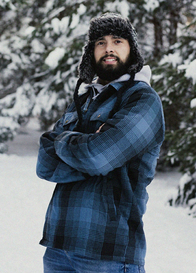 Warme, mit Sherpa-Fleece gefütterte Flanellhemdjacke für Herren mit durchgehendem Reißverschluss und Karomuster