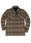 Front view of a brown green sherpa lined plaid shacket for men