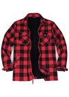 Front view of a black red men's cozy sherpa lined plaid shacket