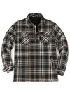 Front view of zipper closed coffee black men's fleece lined flannel shacket 