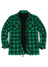 Front view of a green black men's cozy sherpa lined plaid flannel shacket