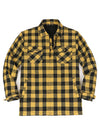 Front view of a yellow black cozy sherpa lined plaid flannel shacket for men