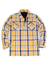 Front view of a yellow and navy sherpa lined flannel plaid jacket for men