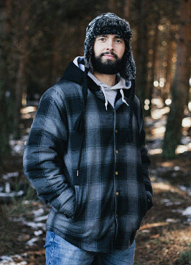 Men's Hooded Flannel Shirt Jacket,Snap Front,Sherpa-Lined Plaid