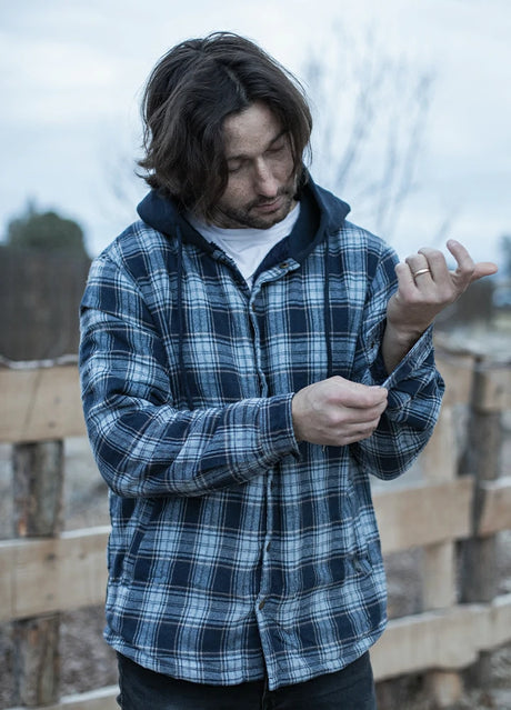 Men's Hooded Flannel Shirt Jacket,Snap Front,Sherpa-Lined Plaid