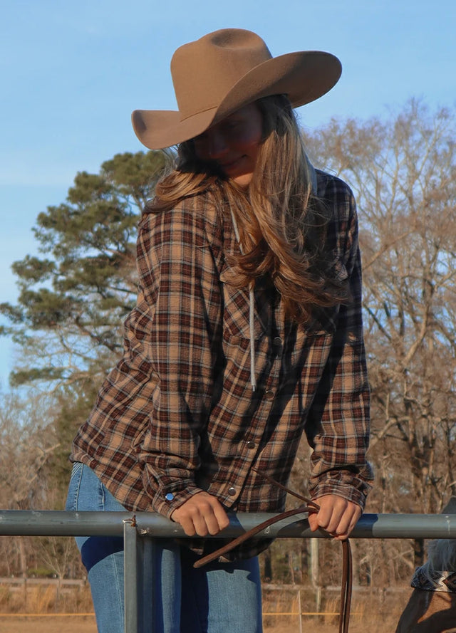 Women's Sherpa-Lined Snap Button Flannel Jacket with Fleece Hood