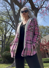 Women's Sherpa-Lined Snap Button Flannel Jacket with Fleece Hood