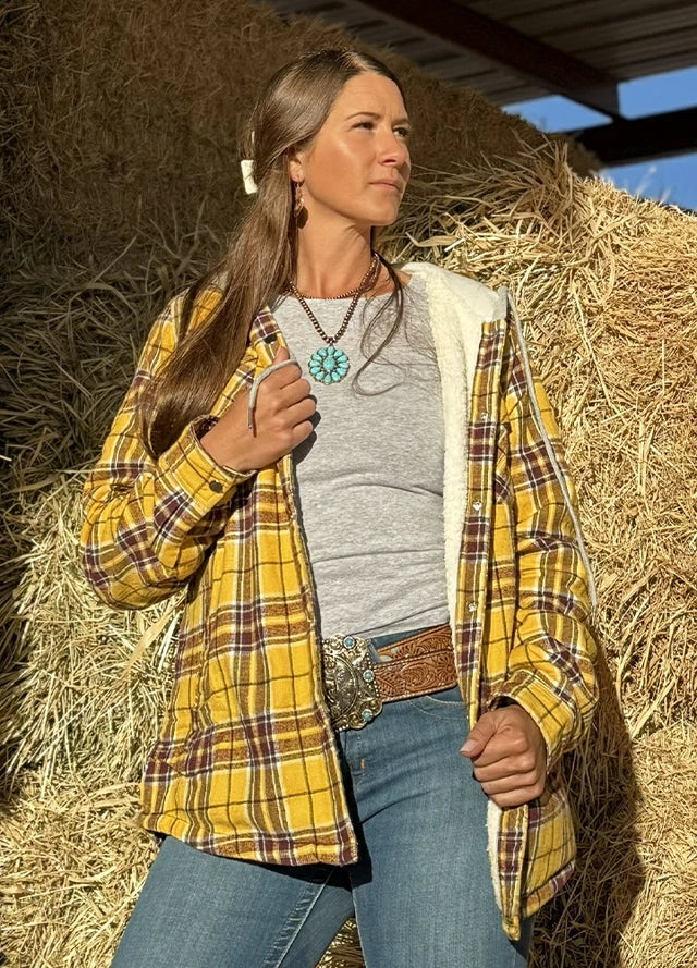 Women's Sherpa-Lined Snap Button Flannel Jacket with Fleece Hood