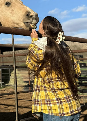 Lifestyle view of a woman wearing light yellow women's sherpa-lined snap button flannel jacket with fleece hood-XR186LY-S,XR186LY-M,XR186LY-L,XR186LY-XL,XR186LY-XXL