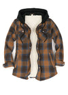 Open view of a womens brown plaid flannel hooded with shaerpa lined