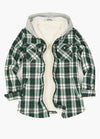 Open view of a womens green plaid flannel hooded with shaerpa lined