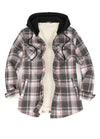 Open view of a womens pink gray plaid flannel hooded with shaerpa lined