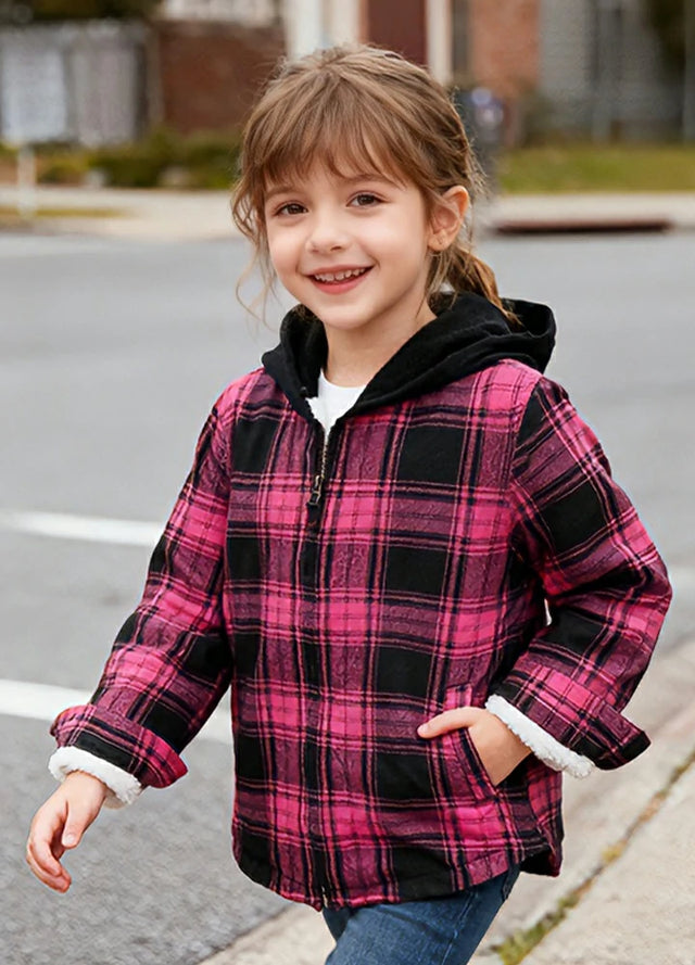 Kids Sherpa-Lined Zip Up Flannel Shirt,Hooded Plaid