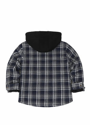 Back view of kids navy white sherpa lined full zip flannel jacket