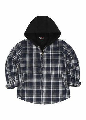 Front view of kids navy white sherpa lined flannel jacket with zipper