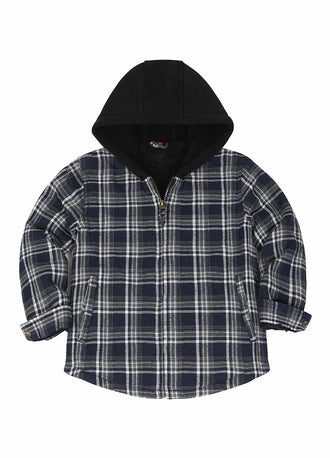 Front view of kids navy white sherpa lined flannel jacket with zipper