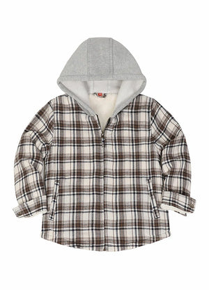 Toddler Boys and Girls Sherpa-Lined Full Zip Hooded Plaid Flannel Shirt Brown White 2T
