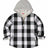 Front view of kids black grey sherpa lined flannel jacket with zipper