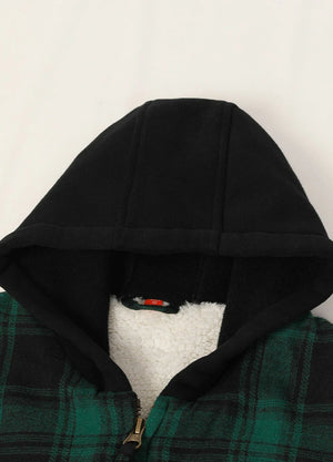 Detail of cozy hood on kids dark green hooded plaid flannel jacket
