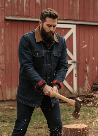 Man with a beard wearing a denim jacket chopping wood in front of a red barn.