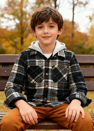 Kids Sherpa Lined Warm Fleece Plaid Jacket with Hood