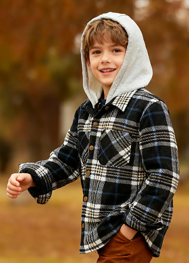 Kids Sherpa Lined Warm Fleece Plaid Jacket with Hood