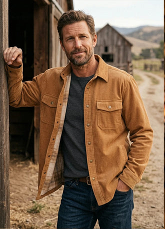 Front view of a man wearing a men's orange flannel-lined corduroy shirt jacket, standing beside a train platform-XR190WT-S,XR190WT-M,XR190WT-L,XR190WT-XL,XR190WT-XXL