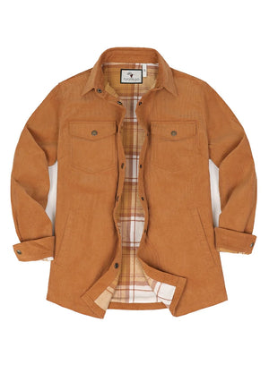 Front view of copper women's oversized fit flannel-lined long-sleeve corduroy shirt jacket-XR191CR-S,XR191CR-M,XR191CR-L,XR191CR-XL