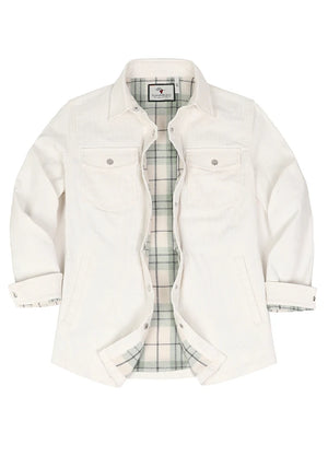 Front view of white women's oversized fit flannel-lined long-sleeve corduroy shirt jacket-XR191WE-S,XR191WE-M,XR191WE-L,XR191WE-XL