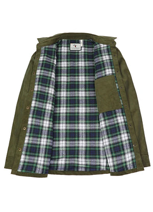 Open view showing the lining of army green women's oversized fit flannel-lined long-sleeve corduroy shirt jacket-XR191AG-S,XR191AG-M,XR191AG-L,XR191AG-XL