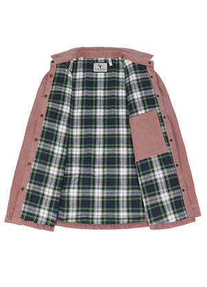 Open view showing the lining of rose quartz women's oversized fit flannel-lined long-sleeve corduroy shirt jacket-XR191RQ-S,XR191RQ-M,XR191RQ-L,XR191RQ-XL