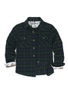 Front view of green kids wildlife adventure flannel plaid shirt