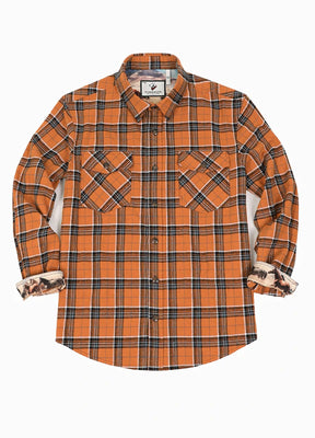 Front view of orange plaid men's wildlife adventure flannel plaid shirt-XR196JG-S,XR196JG-M,XR196JG-L,XR196JG-XL,XR196JG-XXL