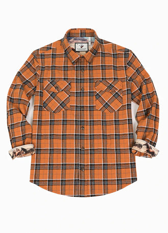 Front view of orange plaid men's wildlife adventure flannel plaid shirt-XR196JG-S,XR196JG-M,XR196JG-L,XR196JG-XL,XR196JG-XXL