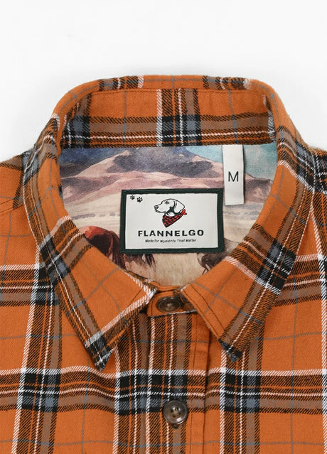 Close-up of the collar on orange plaid men's wildlife adventure flannel plaid shirt-XR196JG-S,XR196JG-M,XR196JG-L,XR196JG-XL,XR196JG-XXL