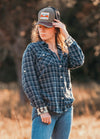 Front view of a woman wearing a womens printed soft navy blue plaid flannel shirt-XR198NY-S,XR198NY-M,XR198NY-L,XR198NY-XL,XR198NY-XXL
