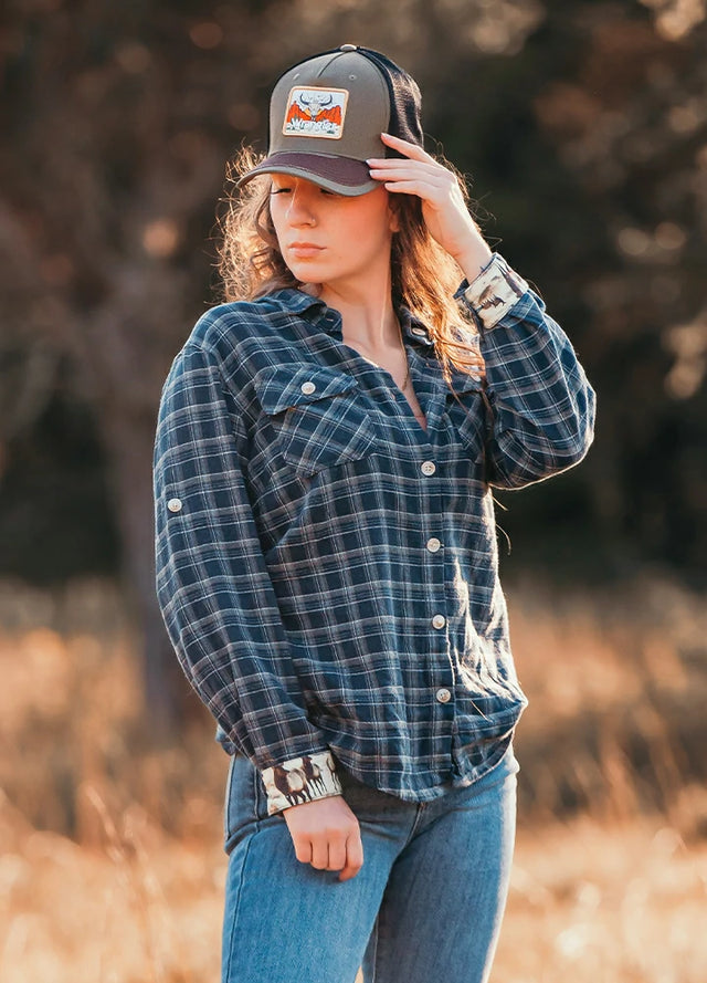 Front view of a woman wearing a womens printed soft navy blue plaid flannel shirt-XR198NY-S,XR198NY-M,XR198NY-L,XR198NY-XL,XR198NY-XXL