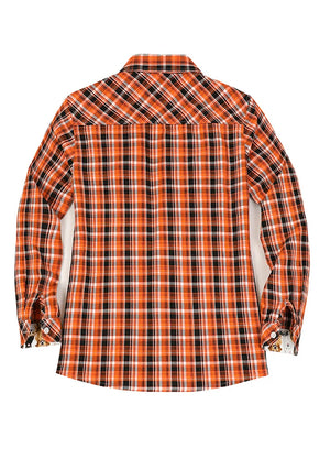 Back view of orange black women's wildlife adventure flannel plaid shirt-XR198JH-S,XR198JH-M,XR198JH-L,XR198JH-XL,XR198JH-XXL