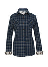 Front view of a womens printed soft navy blue plaid flannel shirt